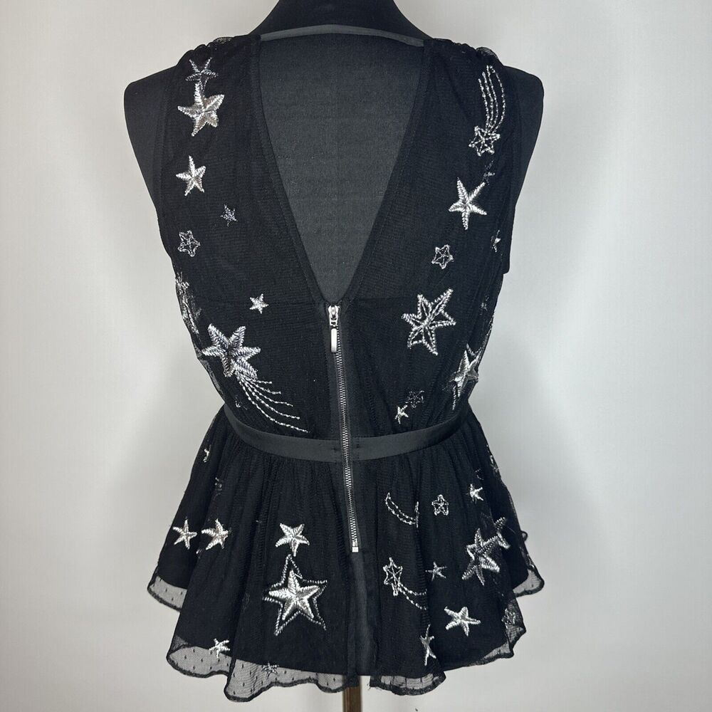 Vintage Express Embroidered Star Black Peplum VNeck Sheer Tank Rhinestones Sz 4 - Picture 2 of 13